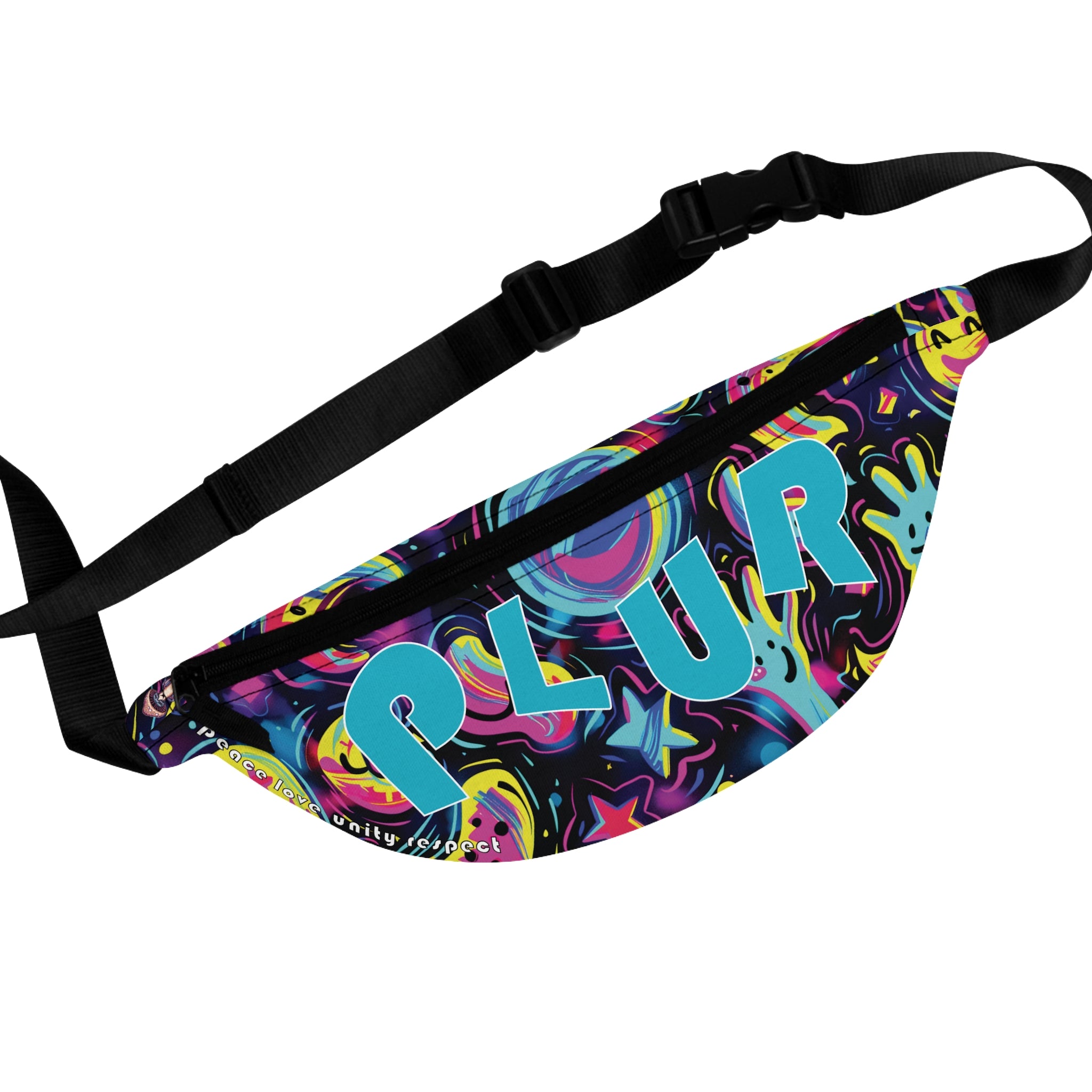 A multicolored fanny pack with 'PLUR' text and psychedelic patterns, featuring an adjustable strap and a secure zipper.