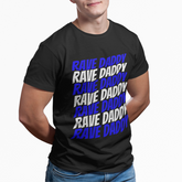 Man wearing black iRaveBabe “Rave Daddy” graphic tee with repeating blue and white text print