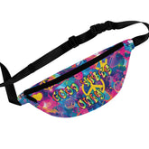 A multicolored fanny pack with a 'GOOD VIBES ONLY' text design, featuring an adjustable black strap.