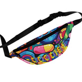 A multicolored fanny pack with a psychedelic design featuring the text 'GOODIES' on it, secured with an adjustable black strap.
