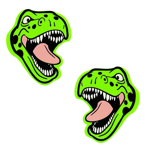 Two green dinosaur head nipple cover stickers with black outlines on a white background